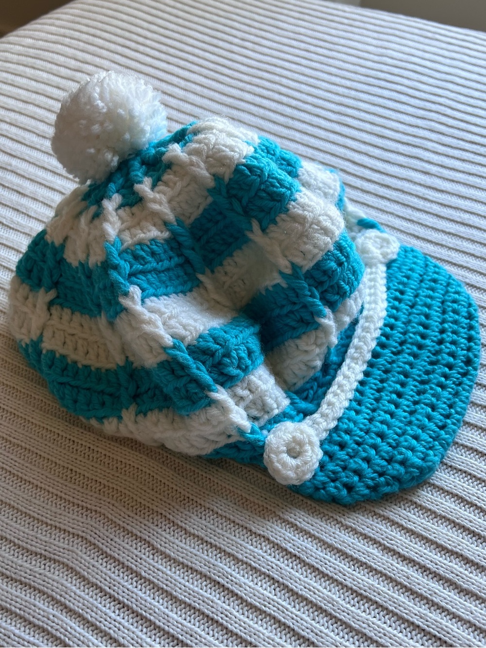 Handmade Crochet Newsboy Cap Turquoise White Pom Pom Brimmed Hat Boho Granny